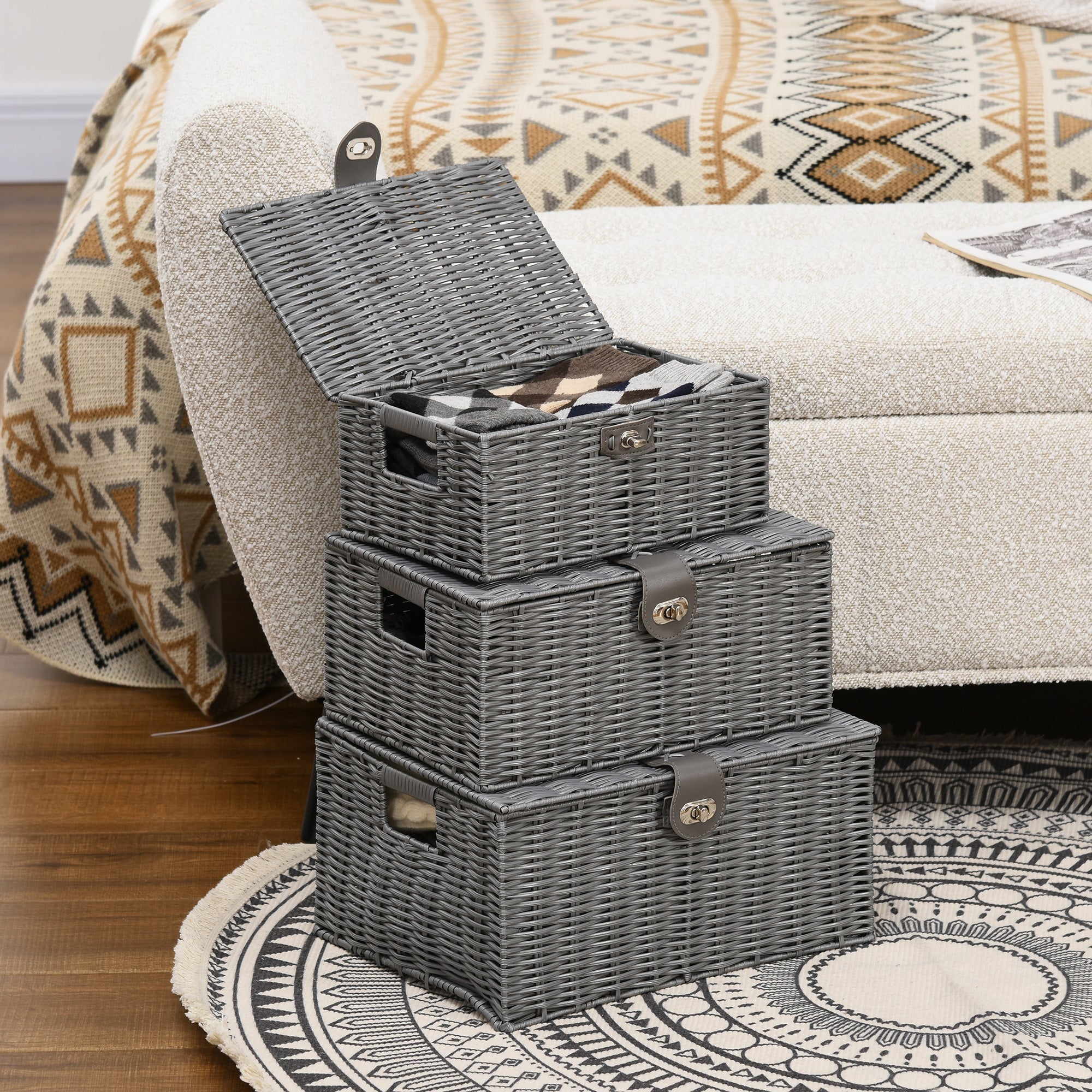 Set of 3 Grey Storage Boxes in with lid in different sizes - Borgè