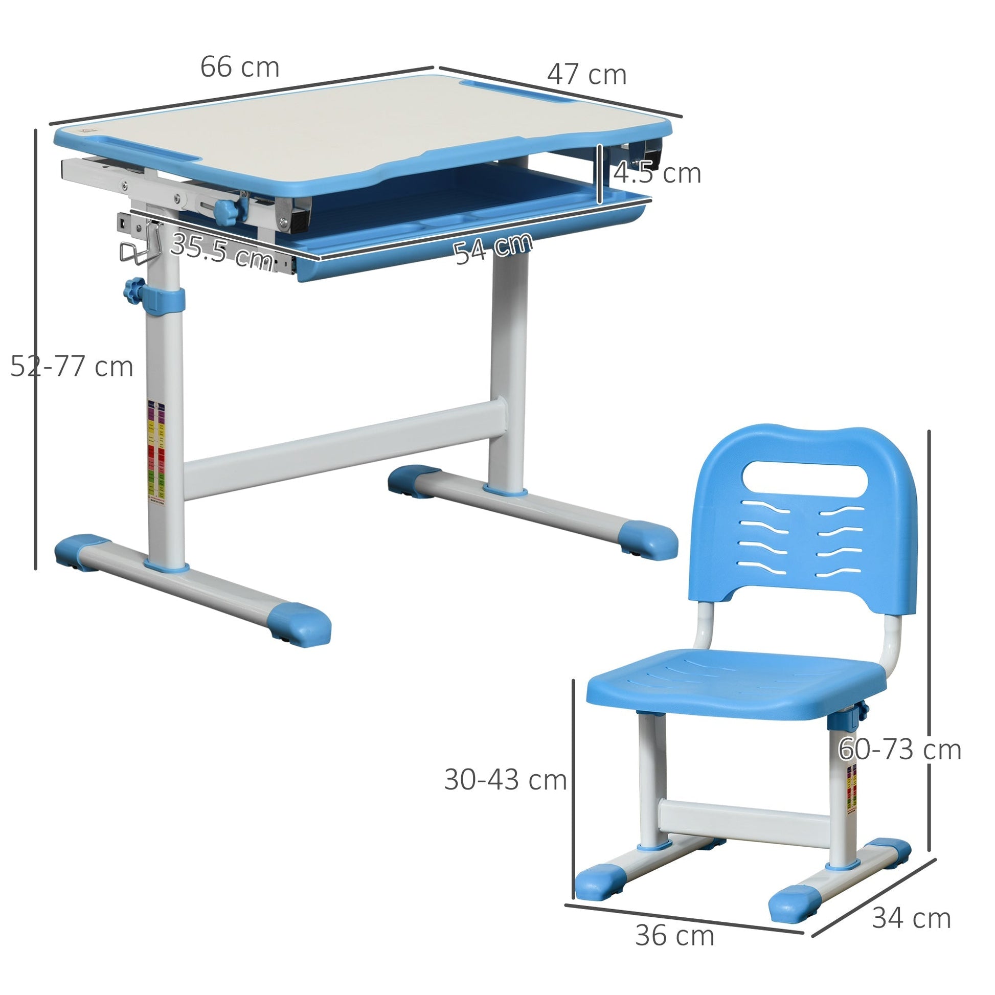 school desk with height adjustable chair for children 6-12 years, drawer and tilted plan at 45 Â°, steel and mdf, blue - Borgè