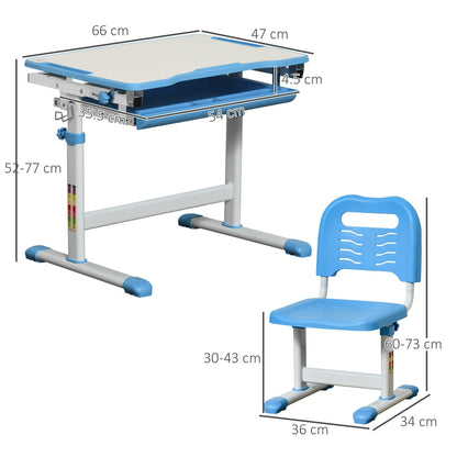 school desk with height adjustable chair for children 6-12 years, drawer and tilted plan at 45 Â°, steel and mdf, blue - Borgè