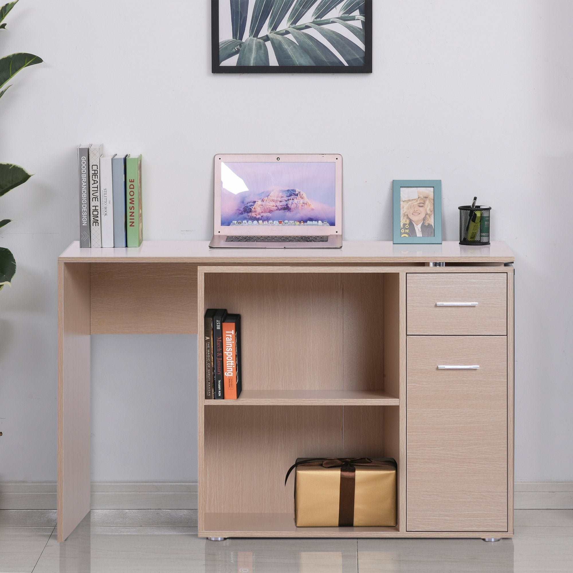 desk corner with 2 shelves and 2 drawers, oak wood, 117x82x74cm - Borgè