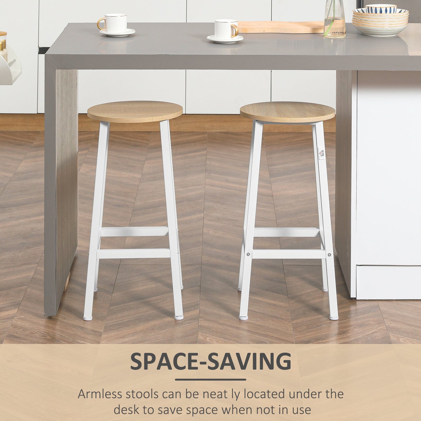 set 2 kitchen stools in chipboard and steel with smooth top and footrests, 32.5x32.5x65 cm, white and wood - Borgè