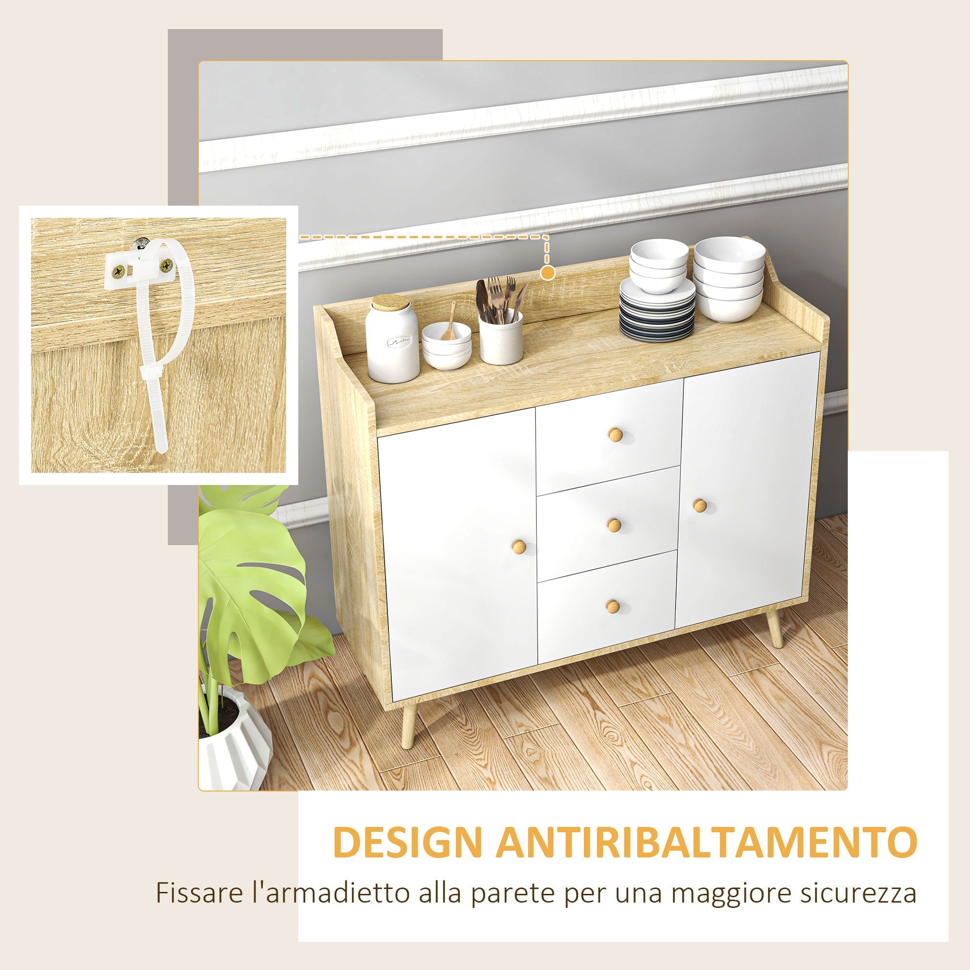 Homcom Modern unit in Pino wood with 3 drawers and 2 doors, 90x32x80h cm - Borgè