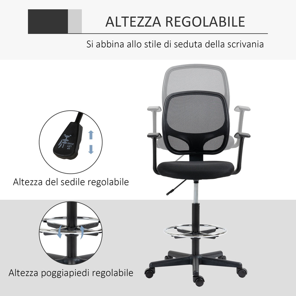 Vent office chair with adjustable height with armrests, wheels and padded seat, 60x56x110-132 cm, black - Borgè