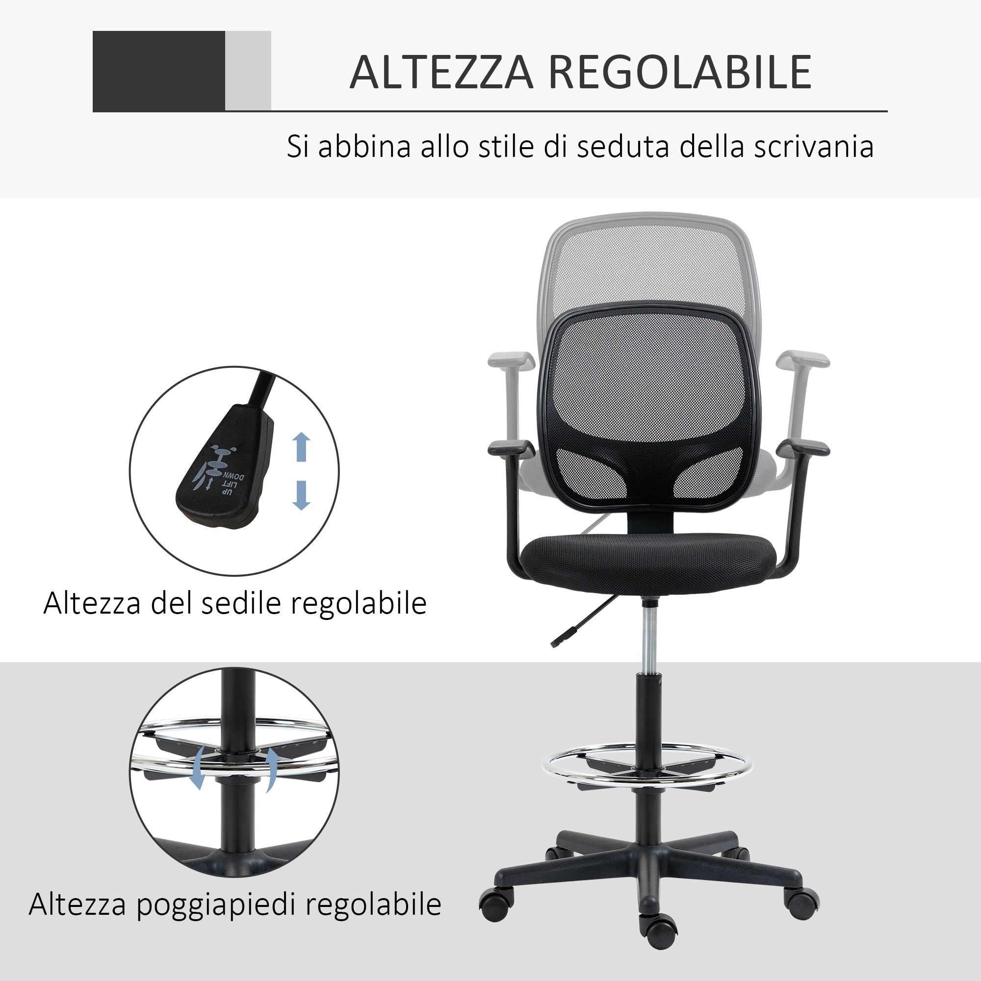 Vent office chair with adjustable height with armrests, wheels and padded seat, 60x56x110-132 cm, black - Borgè