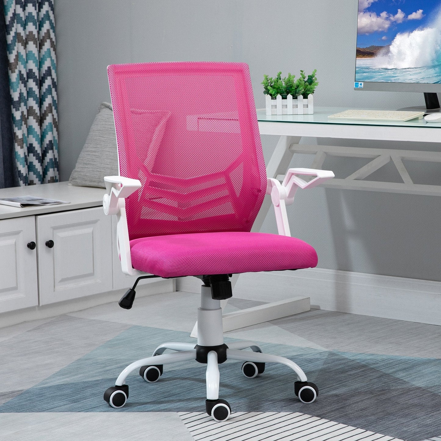 Ergonomic office chair with armrests and lumbar support, swivel office chair and adjustable height in pink fabric - Borgè