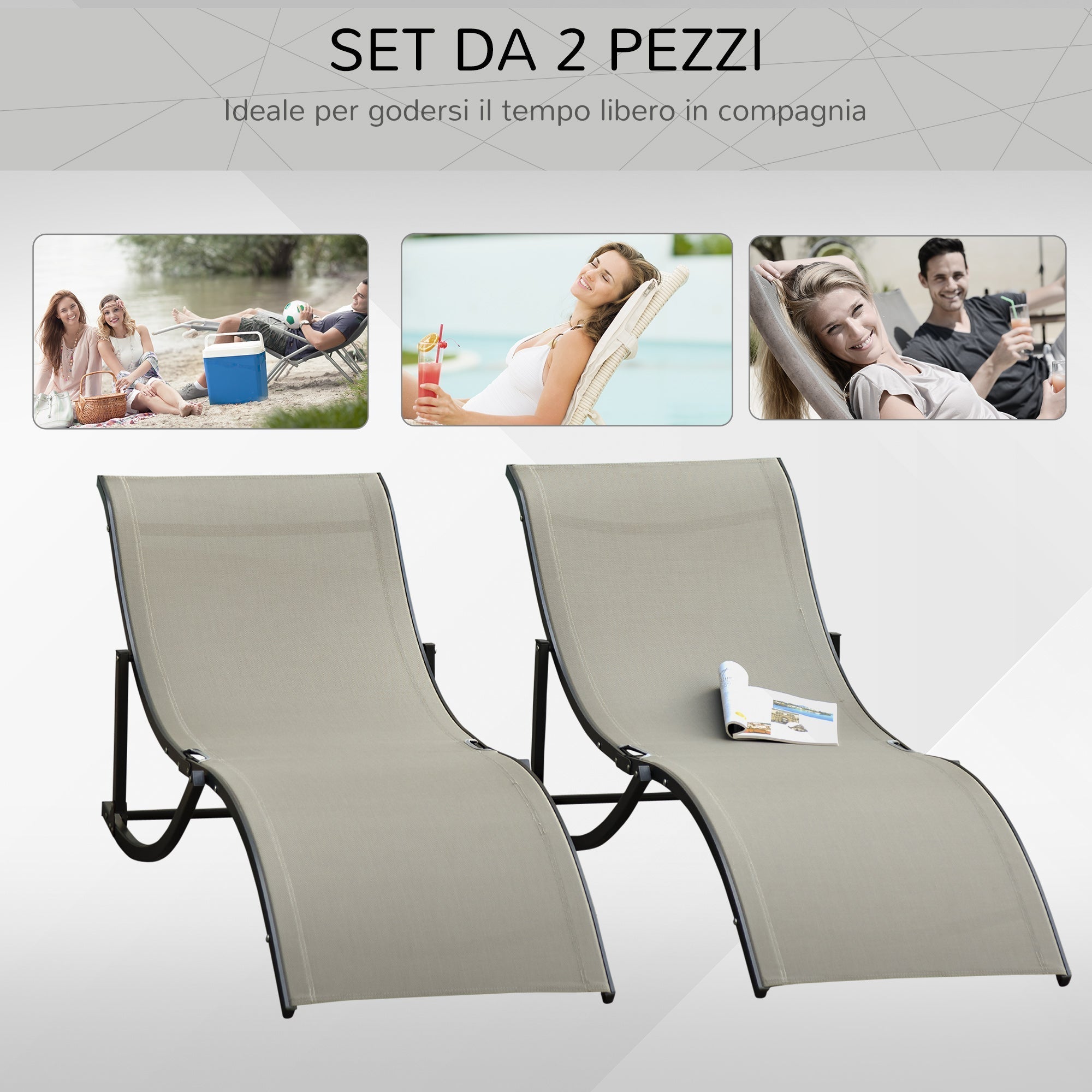 Set of 2 Folding Garden Loungers, Aluminum and Textilene Sun Lounger, 61x165x63cm - Borge' Group Limited