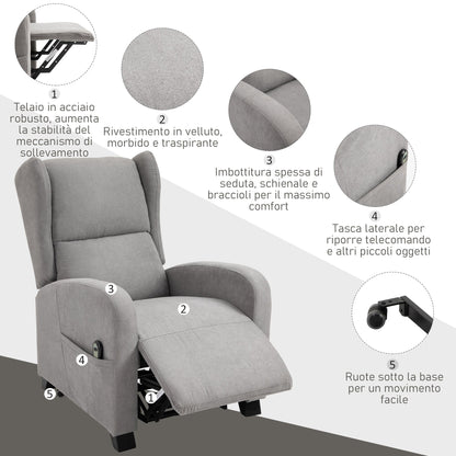 Reclinable Grey Armchair with Lift Assist, remote control and wheels - Borgè