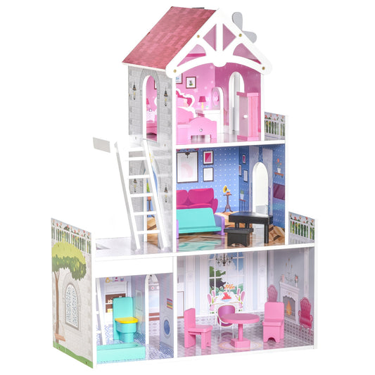 House of 3-storey wooden dolls with stairs and accessories for children 3-6 years, 60x29x85cm, pink