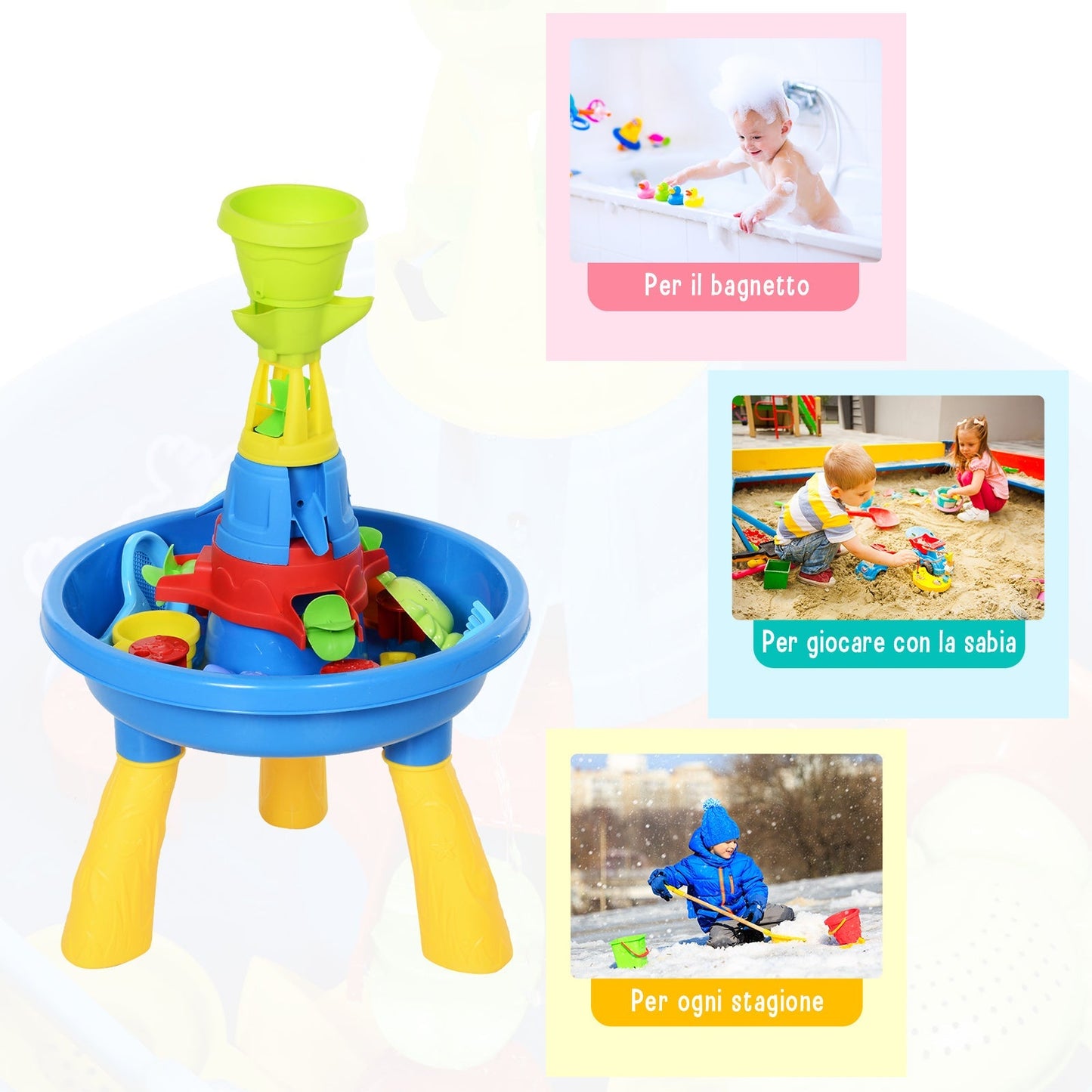 Playset Water and sand table for children with 21 Accessories, Set of beach aquatic table and outdoor table in PP, 46x46x72 cm - Borgè