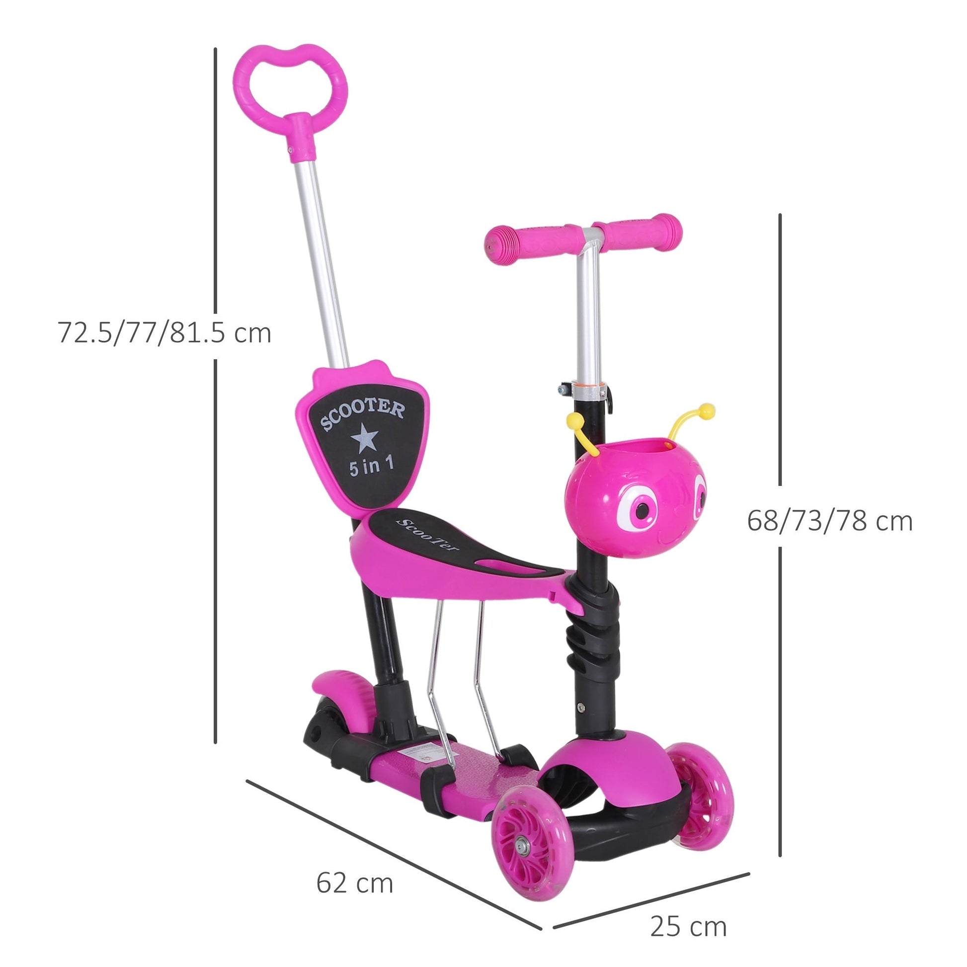 Scooter for Kids with Seat and Handlebar, 5 in 1 Height Adjustable Handlebar, 62x25x72.5cm Pink - Borgè