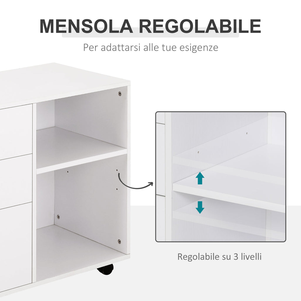 Multiuse office mobile with wooden drawers shelves - White - Borgè