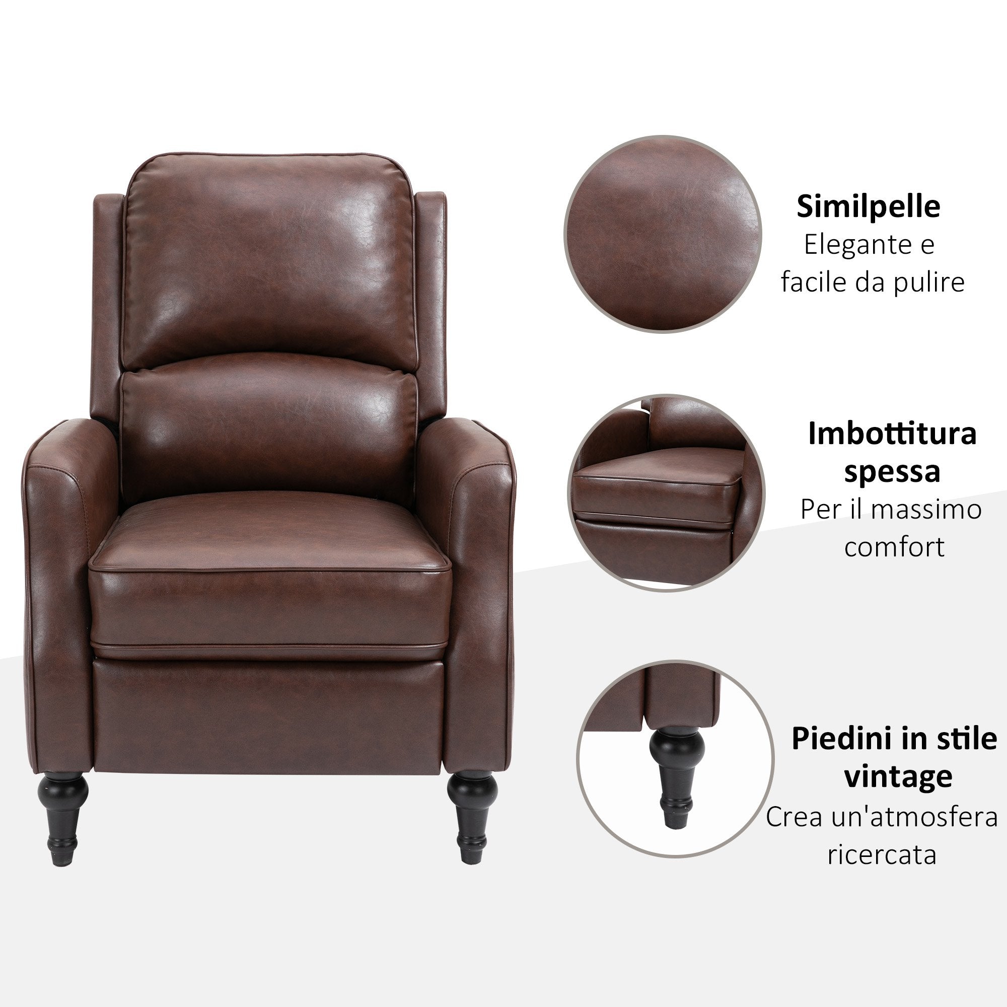 Relaxable Relaxable Armchair 90 ° and 150th Manual for TV, Living Room, Room, Modern Leather Design 73x86x104cm - Borgè