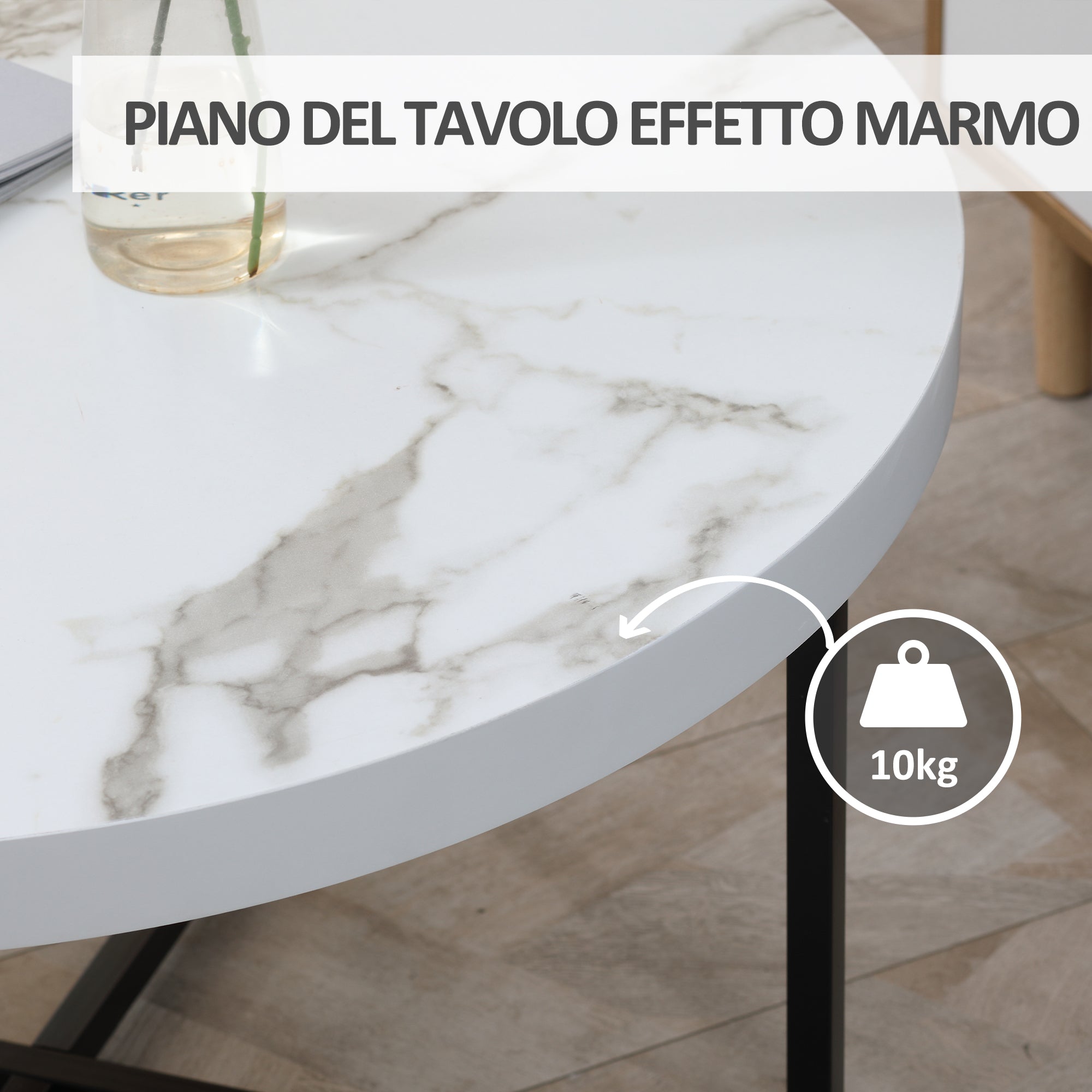 Round coffee coffee table with marble effect in mdf and metal legs, φ80x45 cm, white - Borgè