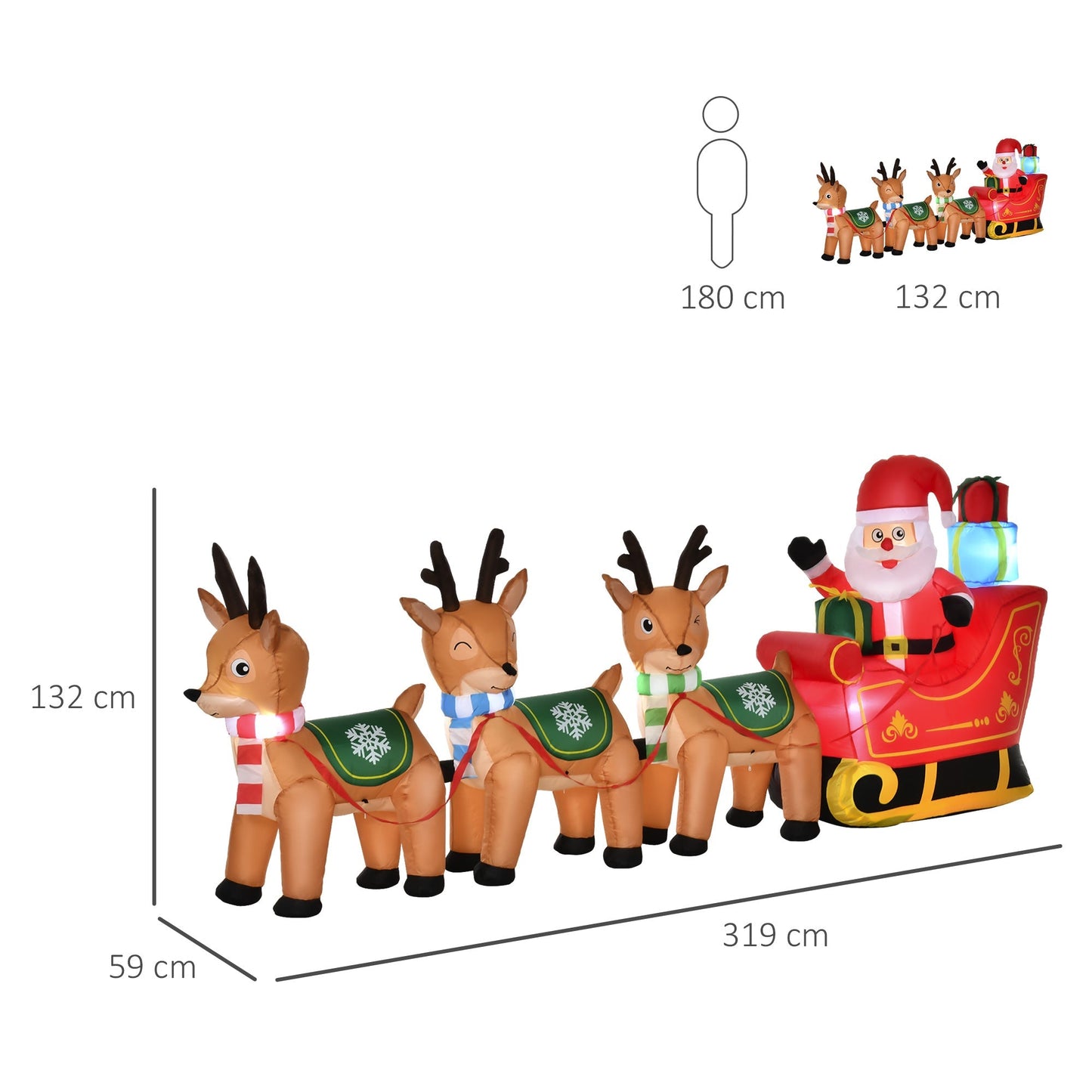 Inflatable Santa Claus with sled and 3 reindeers and lights - Borgè