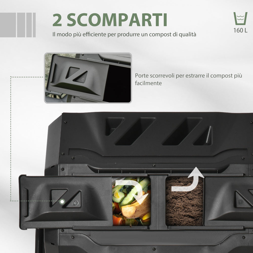 2-Section Rotating Garden Composter with 8 Air Vents, Home Composter in Steel and PP, 160 L, for Composting Organic Waste, 71x65x96 cm, Black - Borge' Group Limited