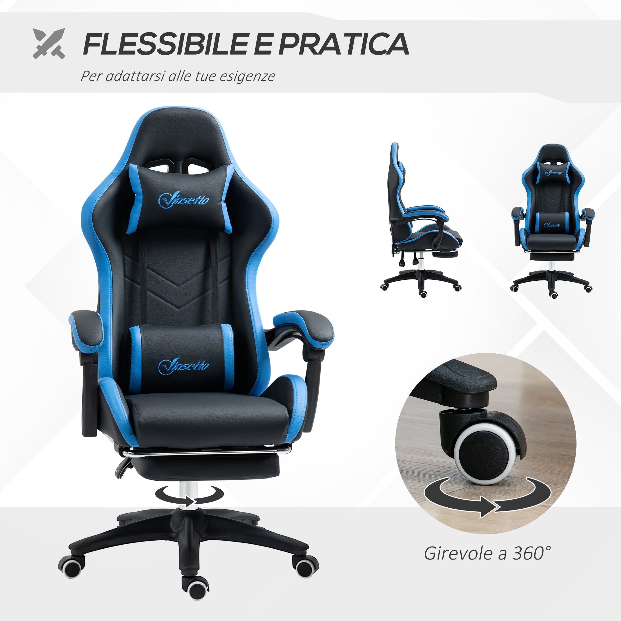 Gaming chair with adjustable height and reclining height, 65x65x121-129 cm, blue and black - Borgè