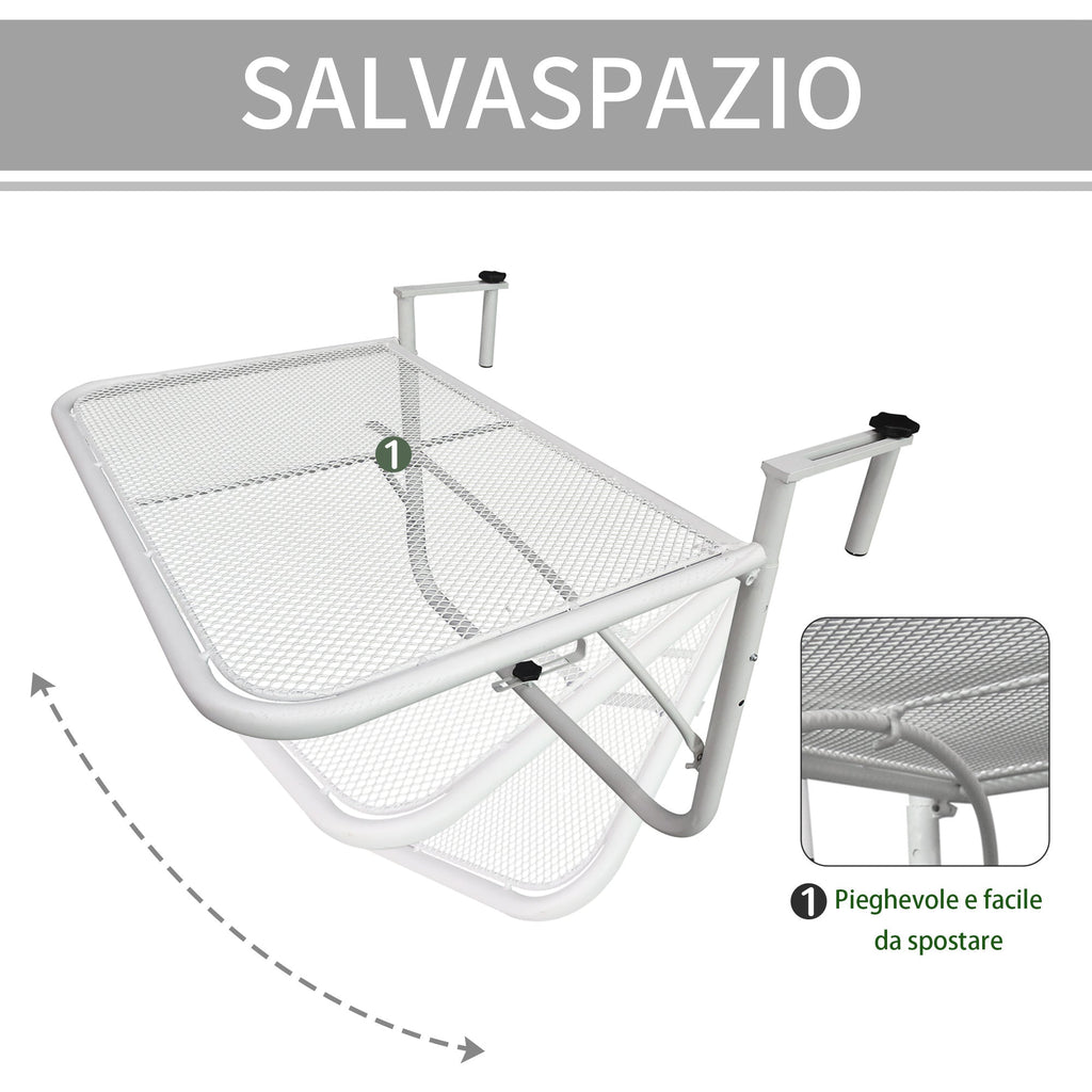 3-Tier Adjustable Height Railing Table with Hooks, Metal, 60x56.5x45 cm, White - Borge' Group Limited