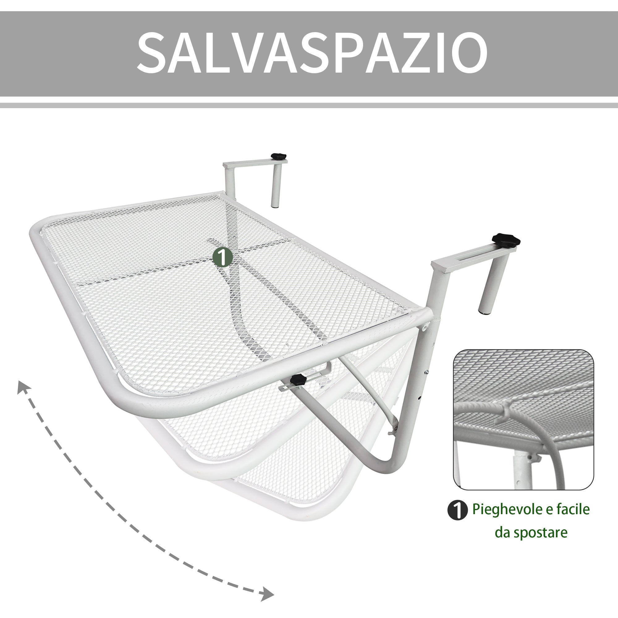 3-Tier Adjustable Height Railing Table with Hooks, Metal, 60x56.5x45 cm, White - Borge' Group Limited
