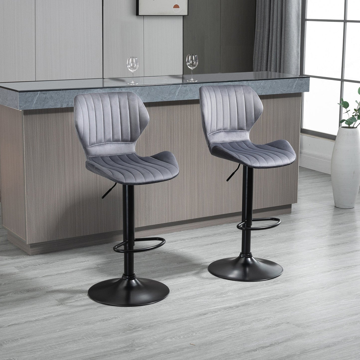 ALICE | Set of 2 Grey Velvet Bar Stools with adjustable height and footrests