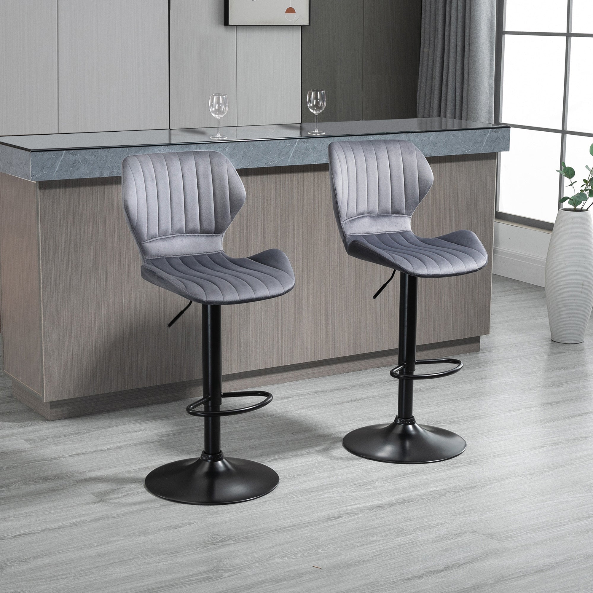 ALICE | Set of 2 Grey Velvet Bar Stools with adjustable height and footrests - Borgè