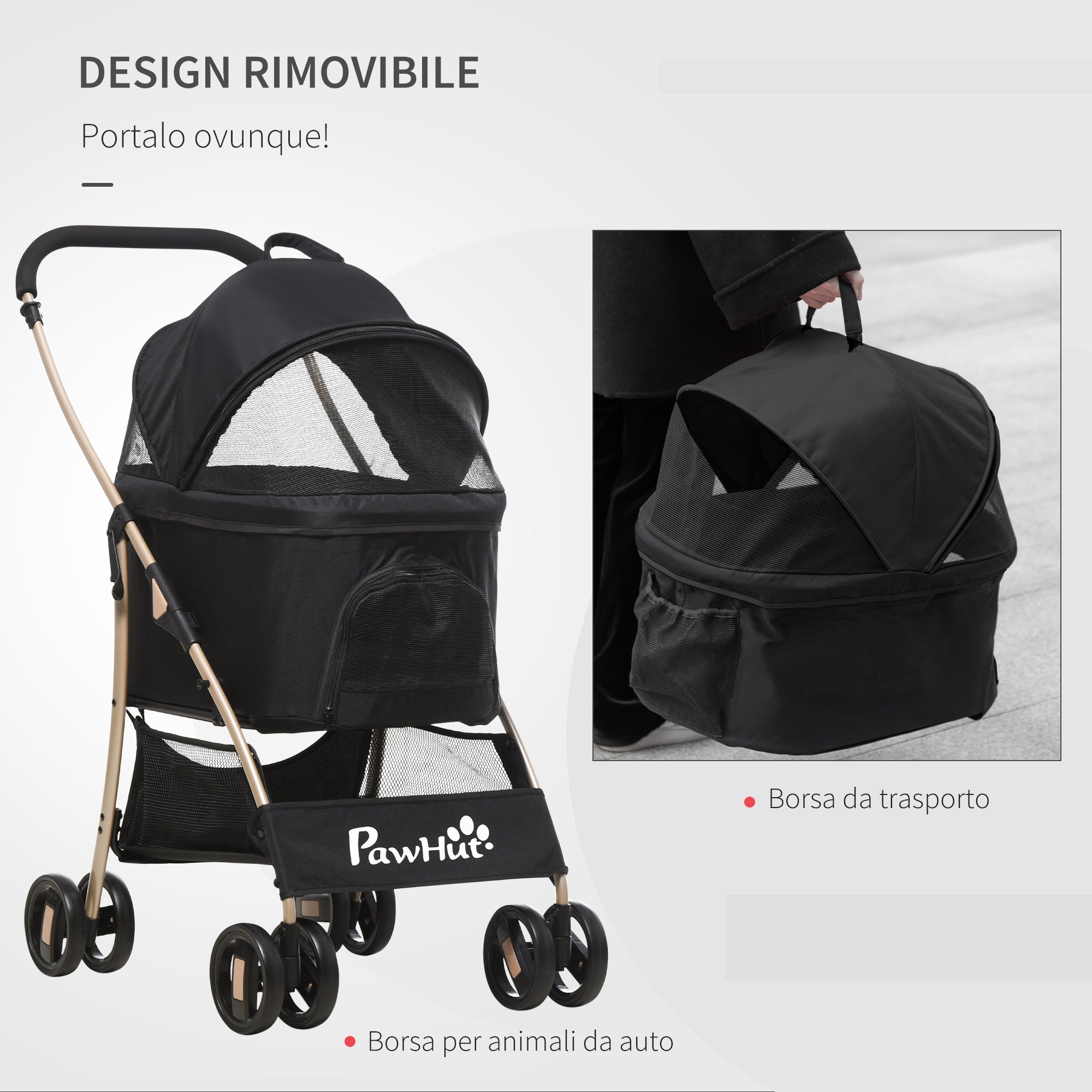 Foldable Dog Stroller with Removable Carrier and Canopy, 82x49. 5x98cm, Black - Borge' Group Limited
