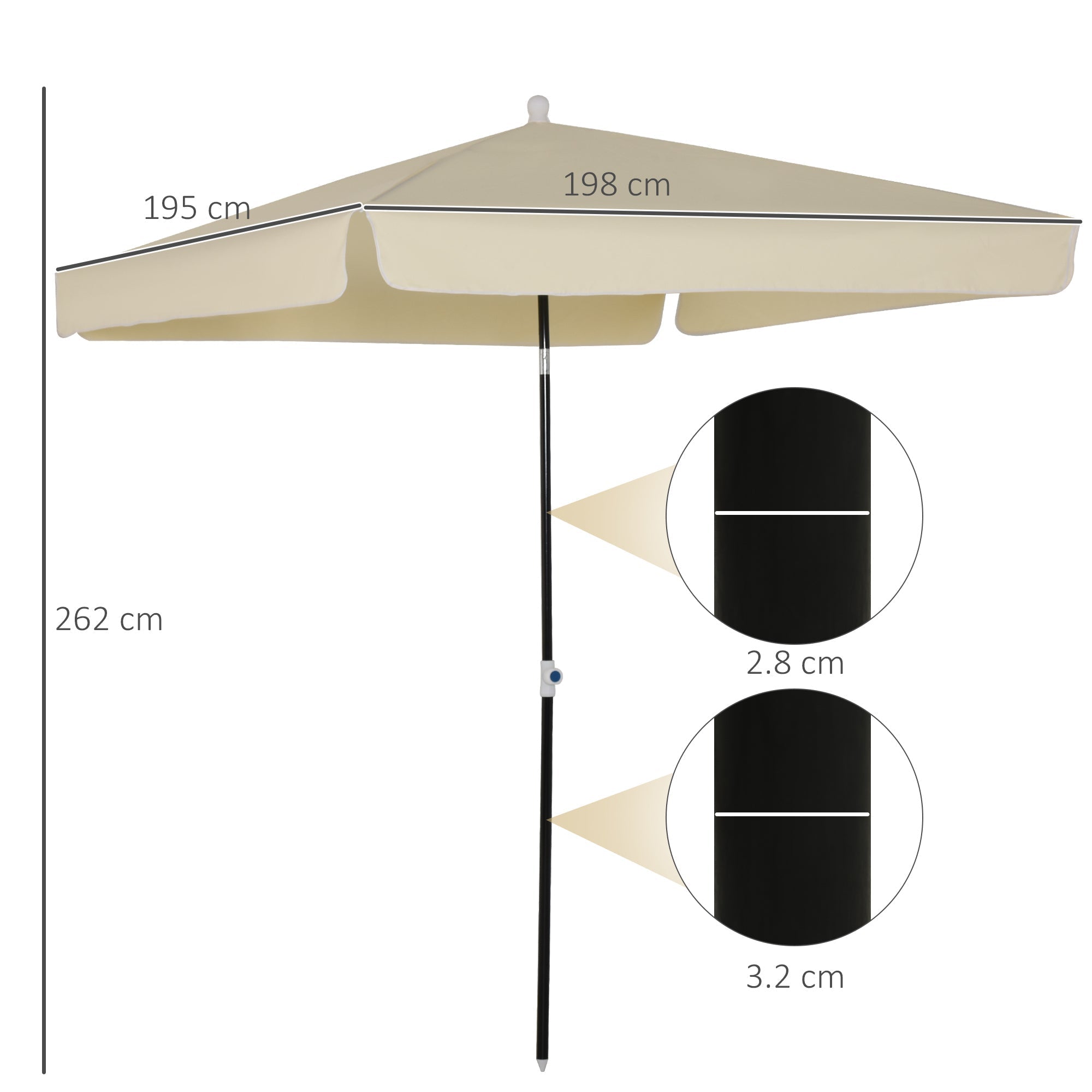 2x2m Outdoor Umbrella with Square Canopy, Adjustable and Portable Structure, Cream - Borge' Group Limited