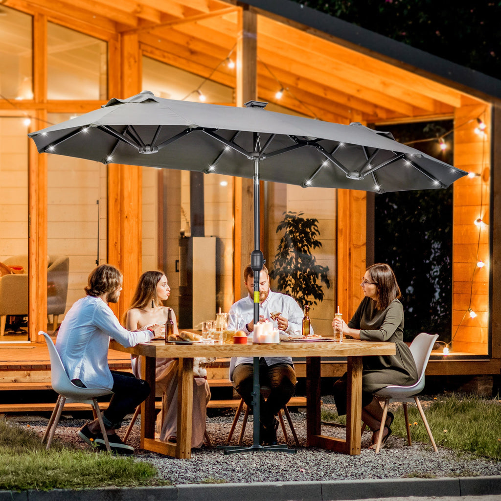 Double Parasol with Cross Base and Solar Lights, 295x150x219cm, Grey - Borge' Group Limited
