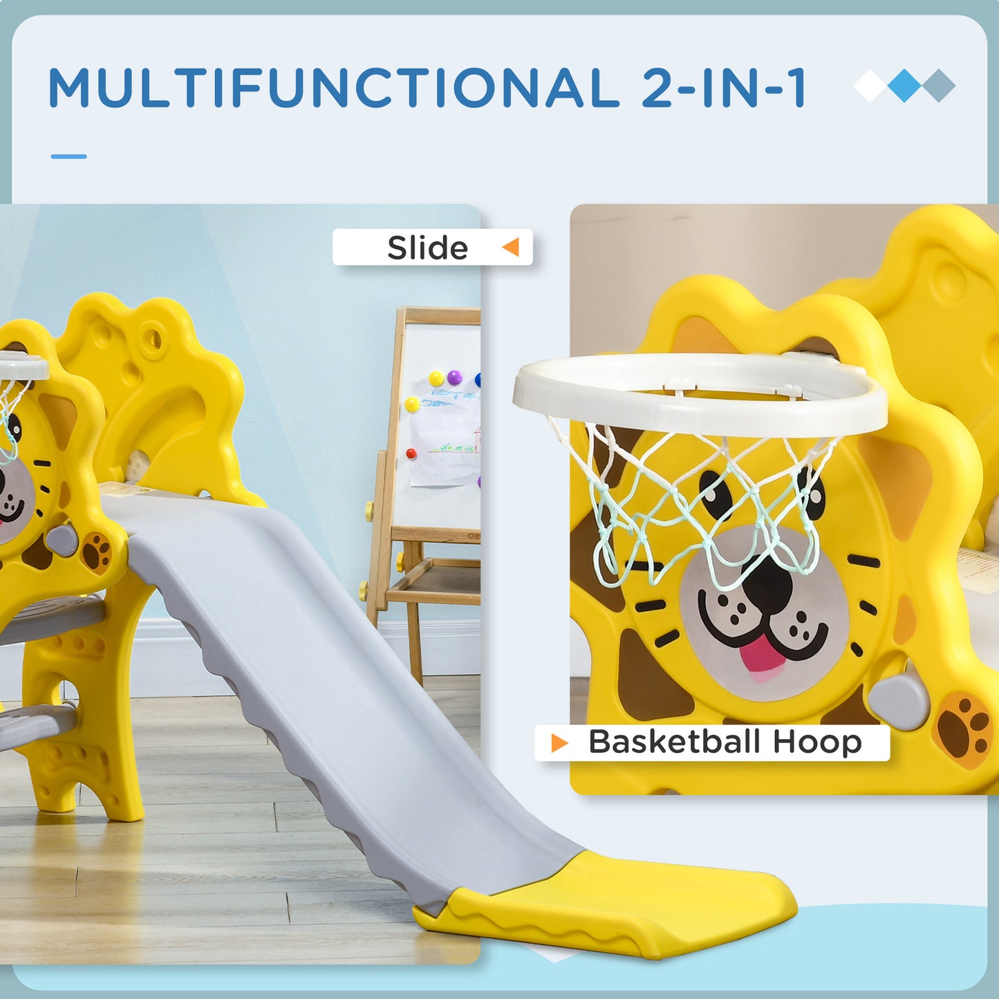 Children's Slide 18-36 Months with Lateral PE Basketball Hoop, 131x50x74 cm, Yellow and Grey - Borgè