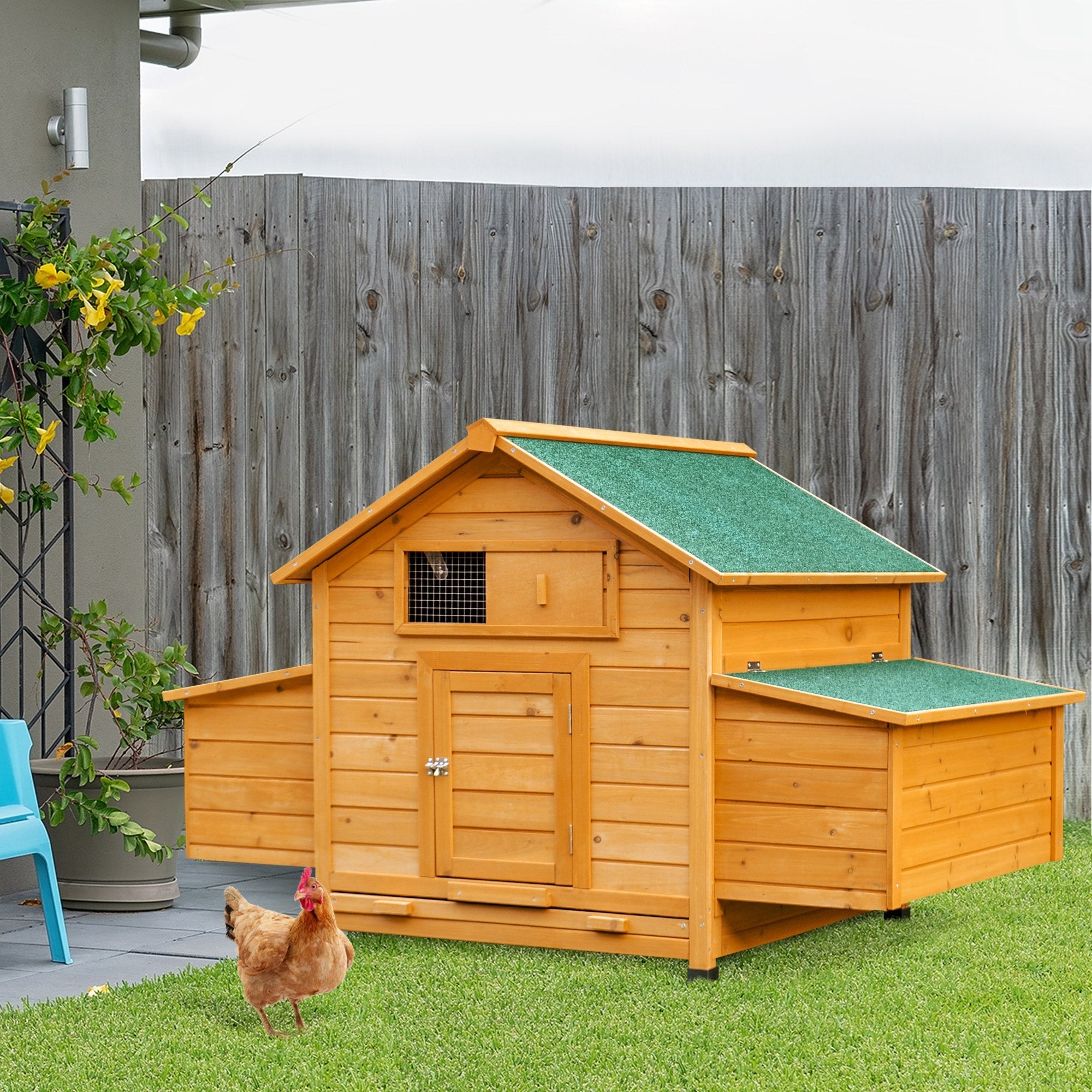 Chicken Coop Laying Cage for Garden Chickens with 2 Drawers, Nest and Waterproof Outdoor Roof in Wood, 150x100x96.5 cm - Borge' Group Limited