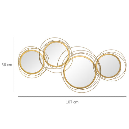 Homcom 3D Metal Mural Decoration, Wall Art in Circles with 107x56cm mirrors, gold - Borgè