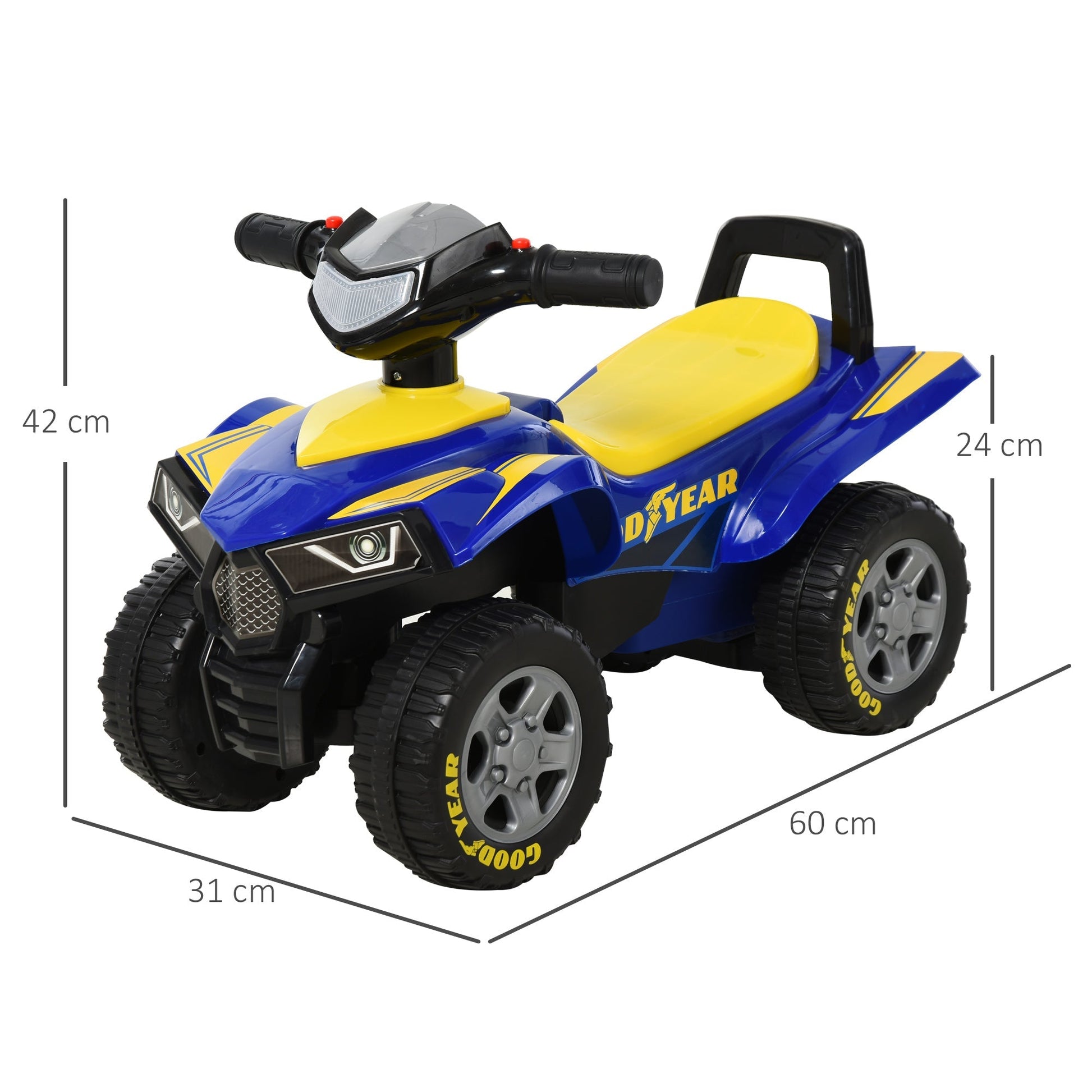 quad toys for children 18-36 months with goodyear license with realistic lights and sounds, blue and yellow, 60x31x42cm - Borgè