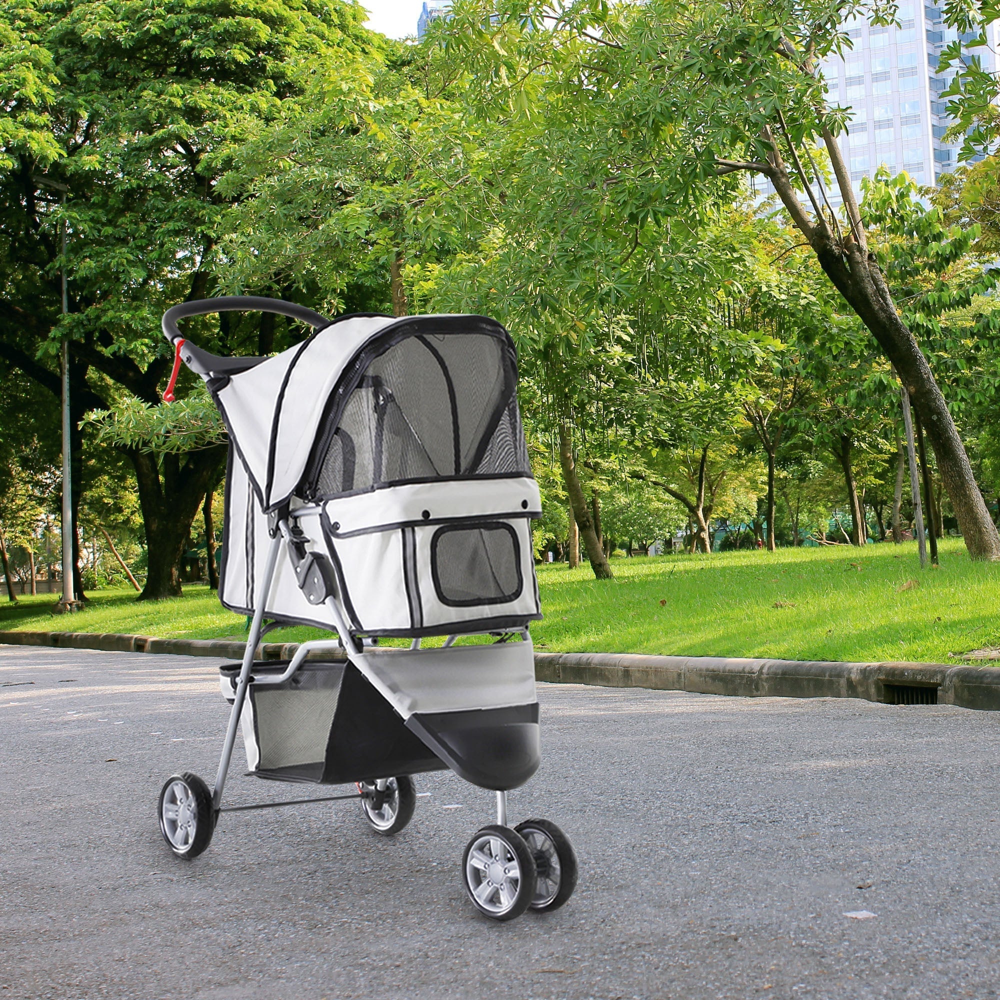 Folding Dog Stroller with Cup Holder and Basket, Steel and Polyester, 75x45x97 cm, Grey - Borge' Group Limited