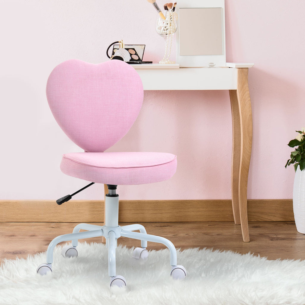 Desk chair in the heart-shaped bedroom, office chair with 5 swivel wheels and adjustable height covered in pink linen, 40x50x79-89cm - Borgè