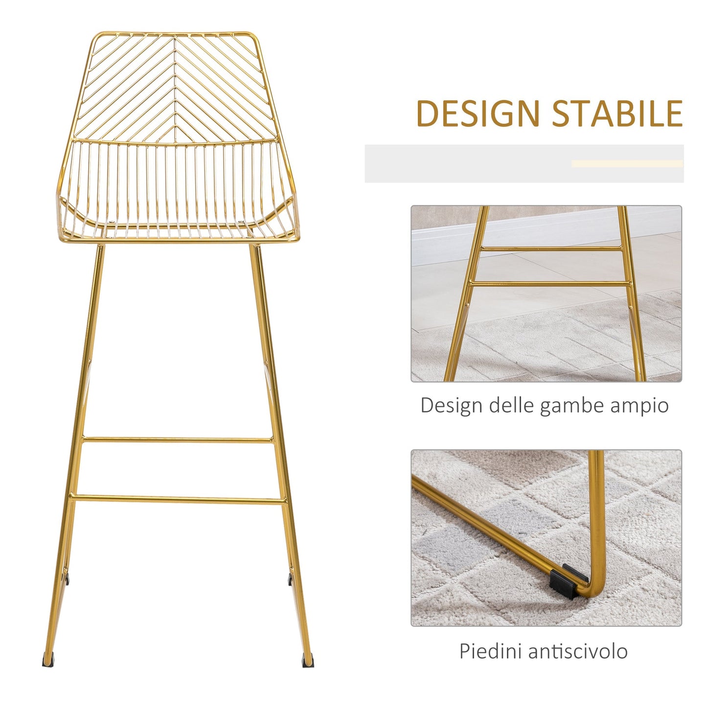 Set of 2 high stools with Gold Metal Footrests