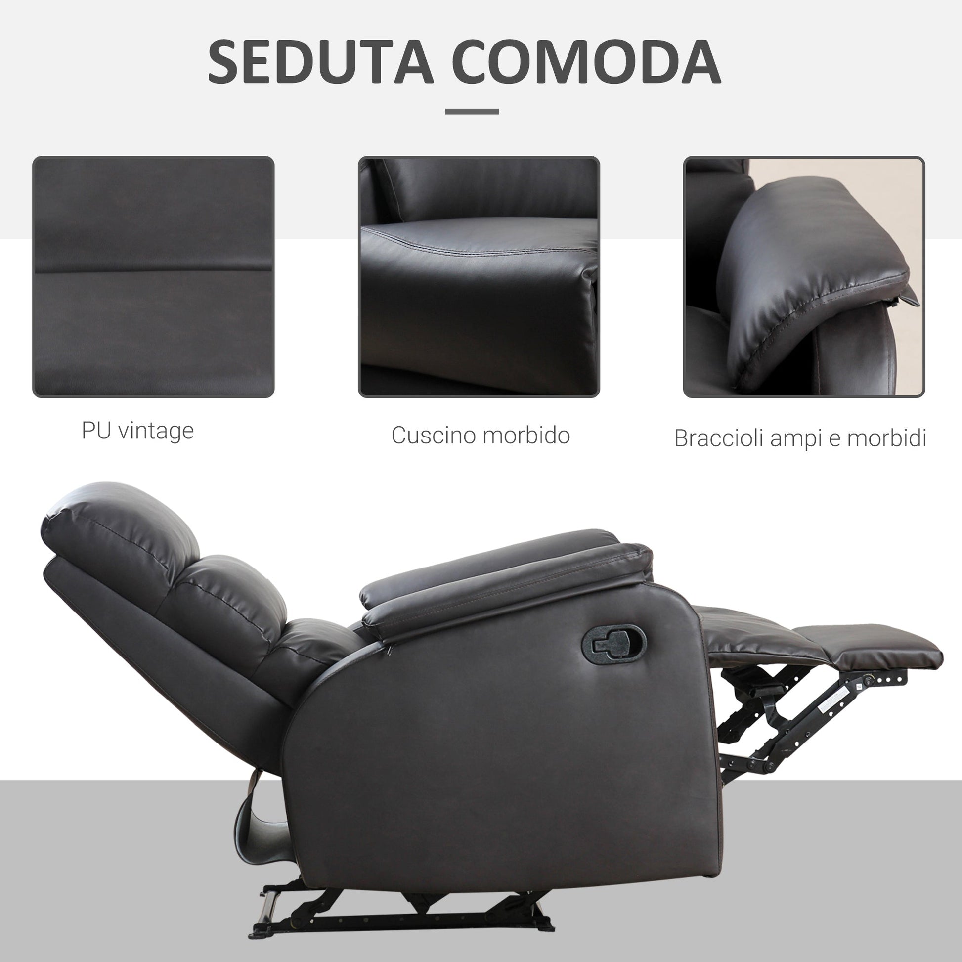 Relaxing Armchair For Interior, manually reclining with padded pillow, in the like and steel, 75x82x99 cm, brown - Borgè