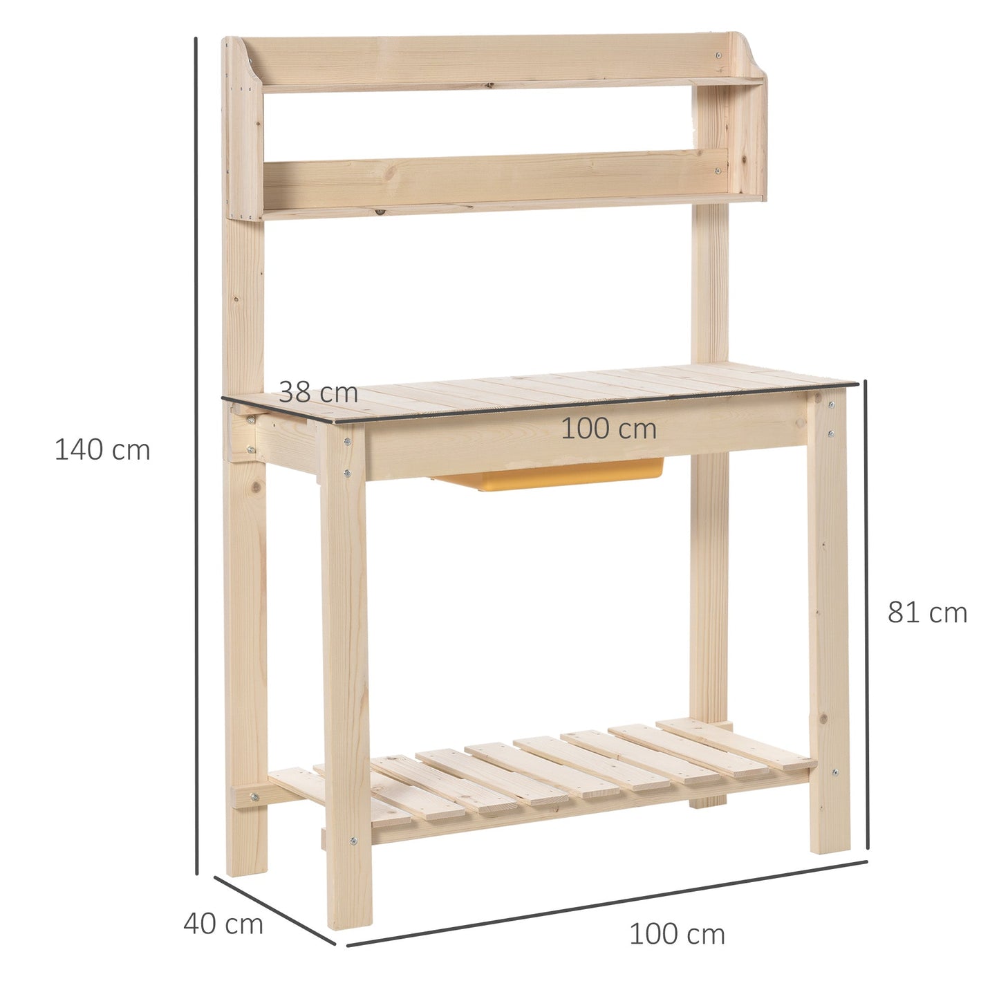 Outsunny work bench for natural wood gardening with integrated tray, shelves and hooks 100x40x140cm - Borgè