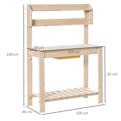 Outsunny work bench for natural wood gardening with integrated tray, shelves and hooks 100x40x140cm - Borgè