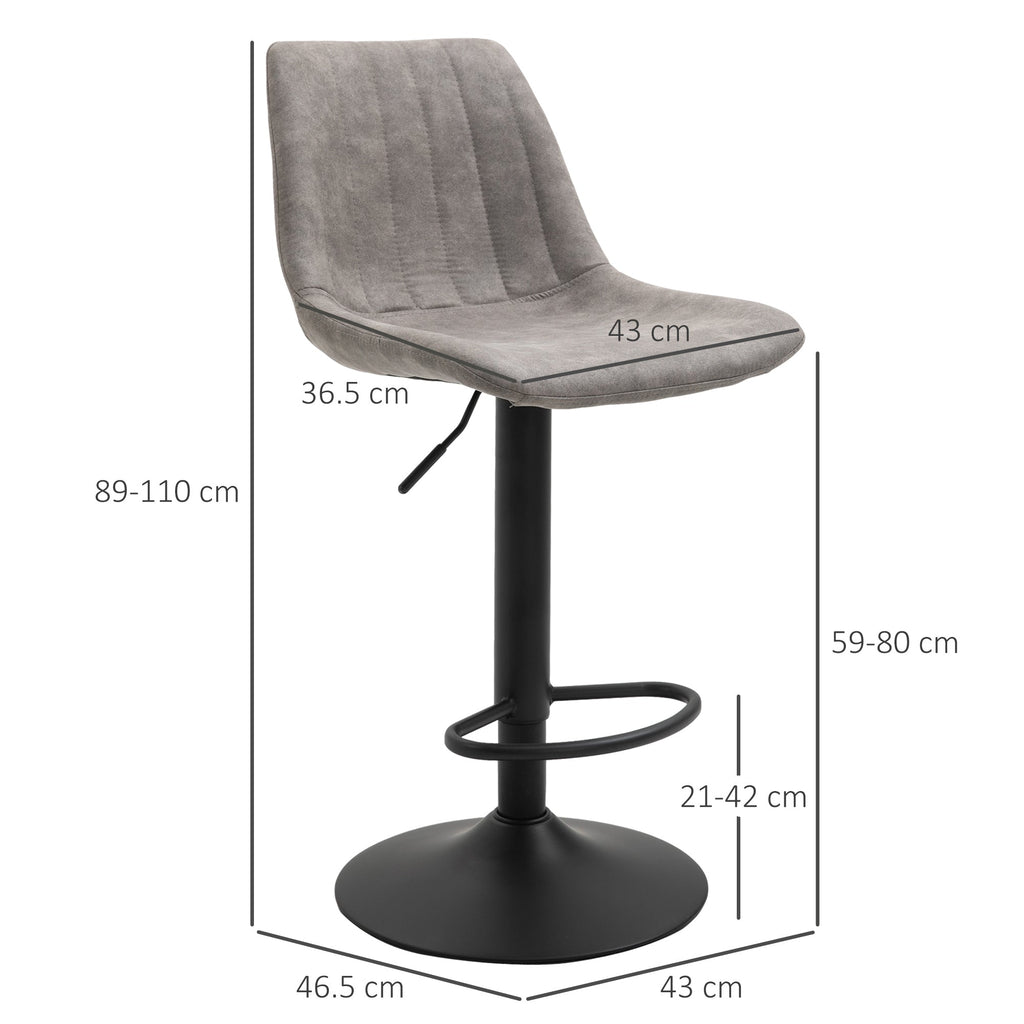 Set 2 bar stools with backrest, footrests and adjustable industrial style height, Grey - Borgè