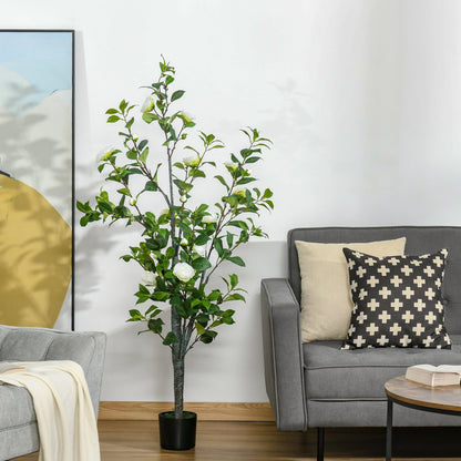 Fake Camelia tree plant with vase and 25 flowers for interior and outdoor, height 150cm - green/white - Borgè