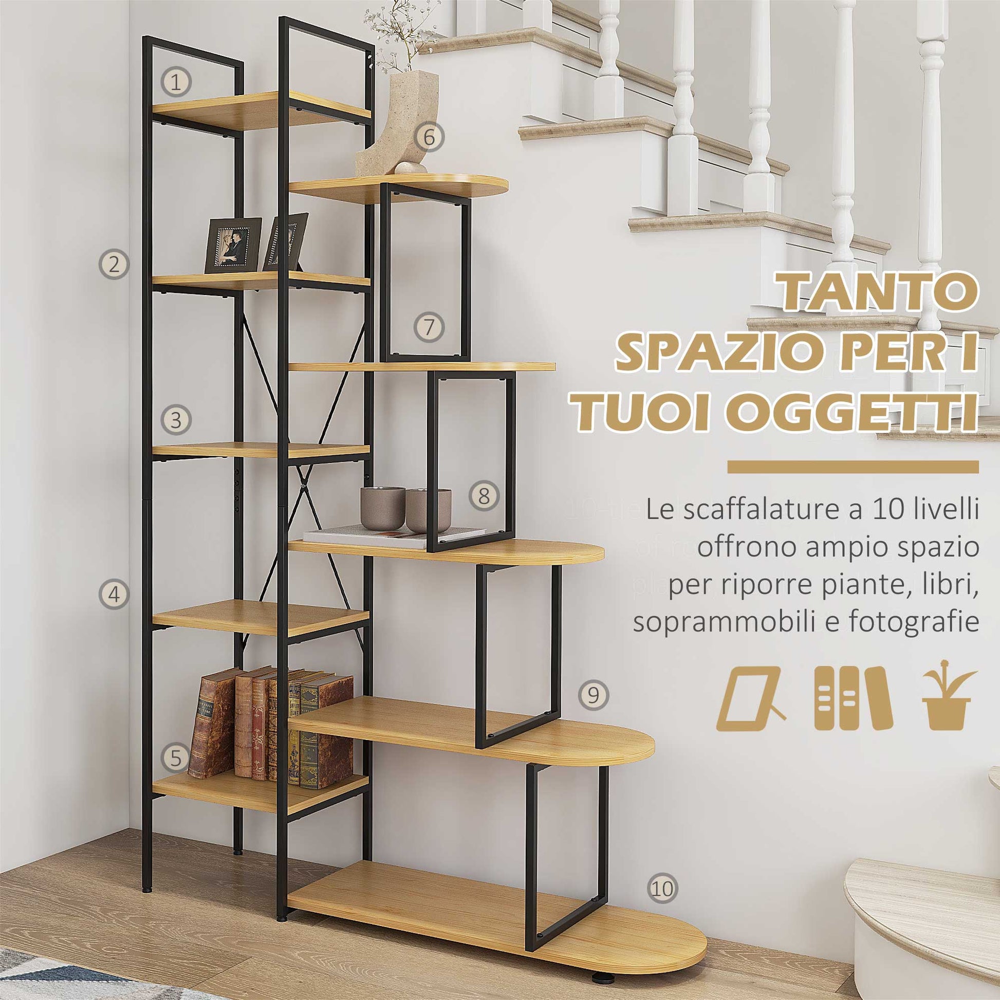 Homcom Bookcase with 10 -level bookcase, industrial style in chipboard and steel, 111.5x32x170 cm - Borgè