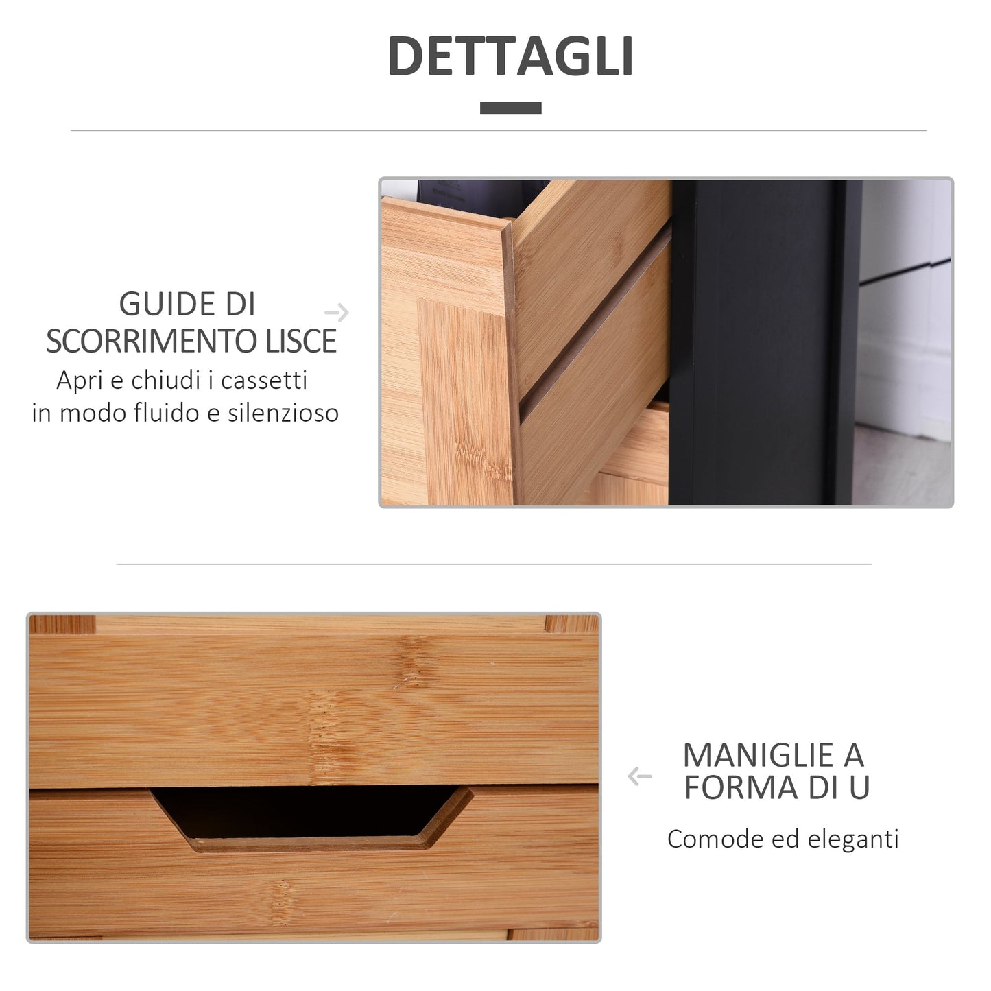 Kleankin Bathroom column with 2 drawers and 3 open rooms in MDF wood and bamboo 30x30x144.3 cm - Borgè