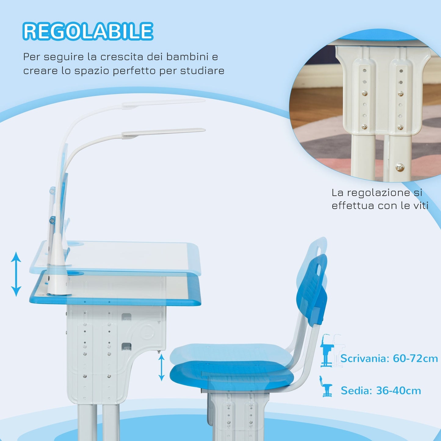 School desk with children's chair 6-12 years adjustable height lectern LED lamp and cappenen - blue - Borgè