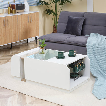 Modern Living Room Table with shelves and hidden compartments in wood and glass, 100x55x36cm - Borgè