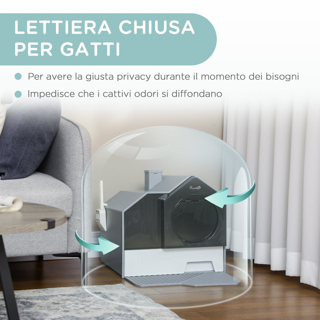 Closed Cat Litter Box with Removable Tray, Mat and Scoop Included, 47x45x42cm, Grey - Borge' Group Limited