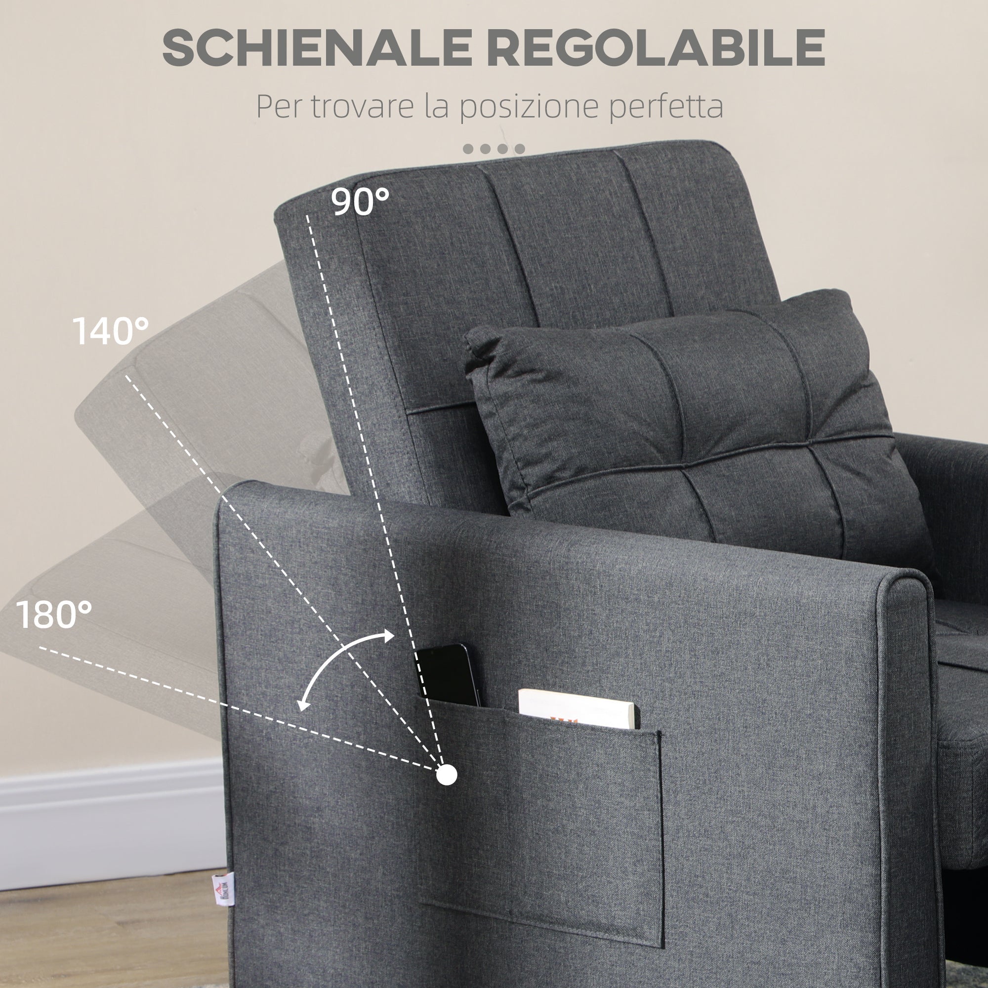 Single Bed Armchair Reclinable on 3 levels with extra pillow, 69x82x85cm, Grey - Borgè