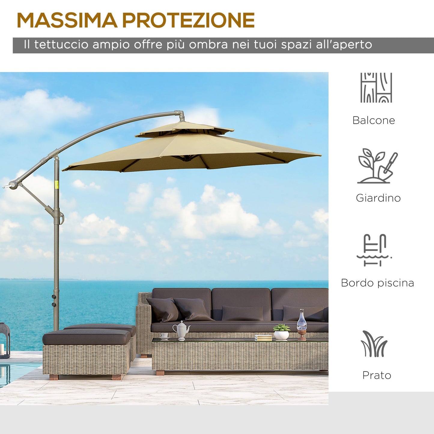 Outsunny arm umbrella with 2 -level adjustable roof and cross base, φ267x265cm, brown - Borgè