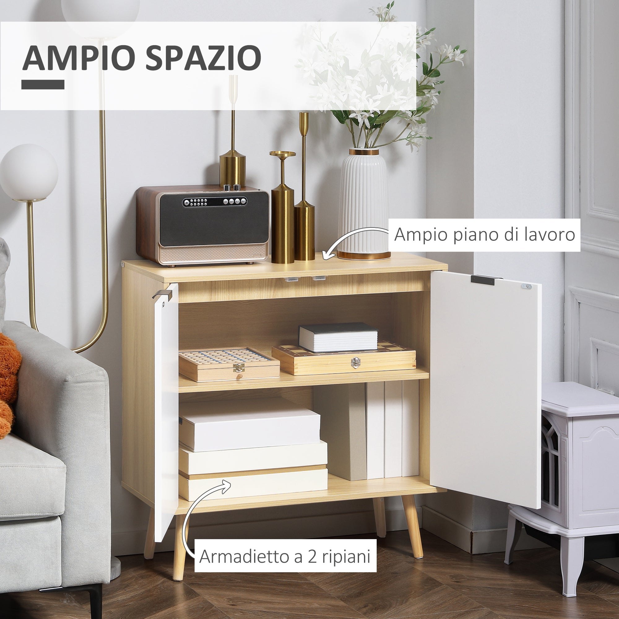 Modern Multiuse Mobile in Chocolate and Pine Wood with Adjustable internal shelf on 3 levels, 77x35x77.5 cm - Borgè