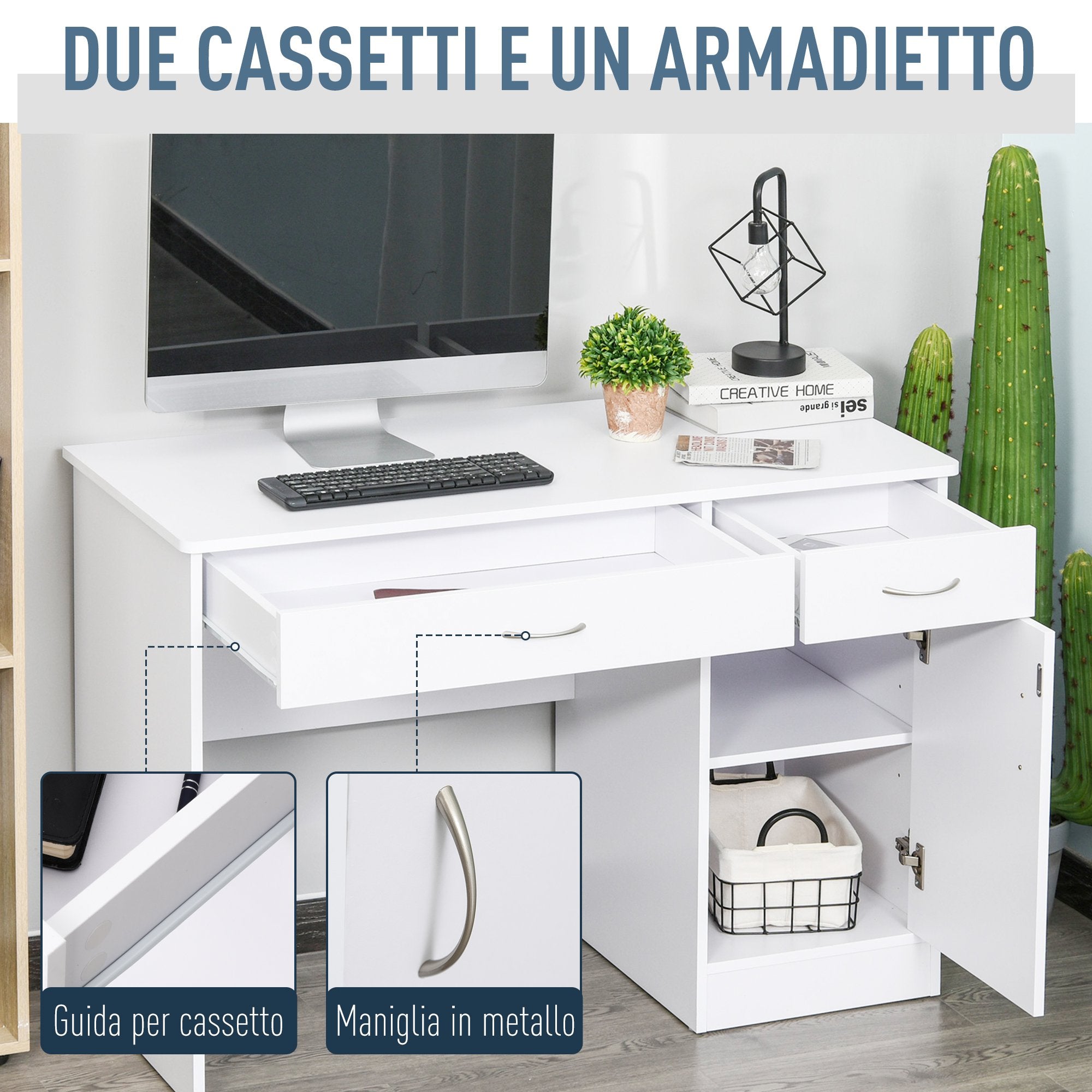 classical office desk with 2 drawers and white wooden locker - Borgè