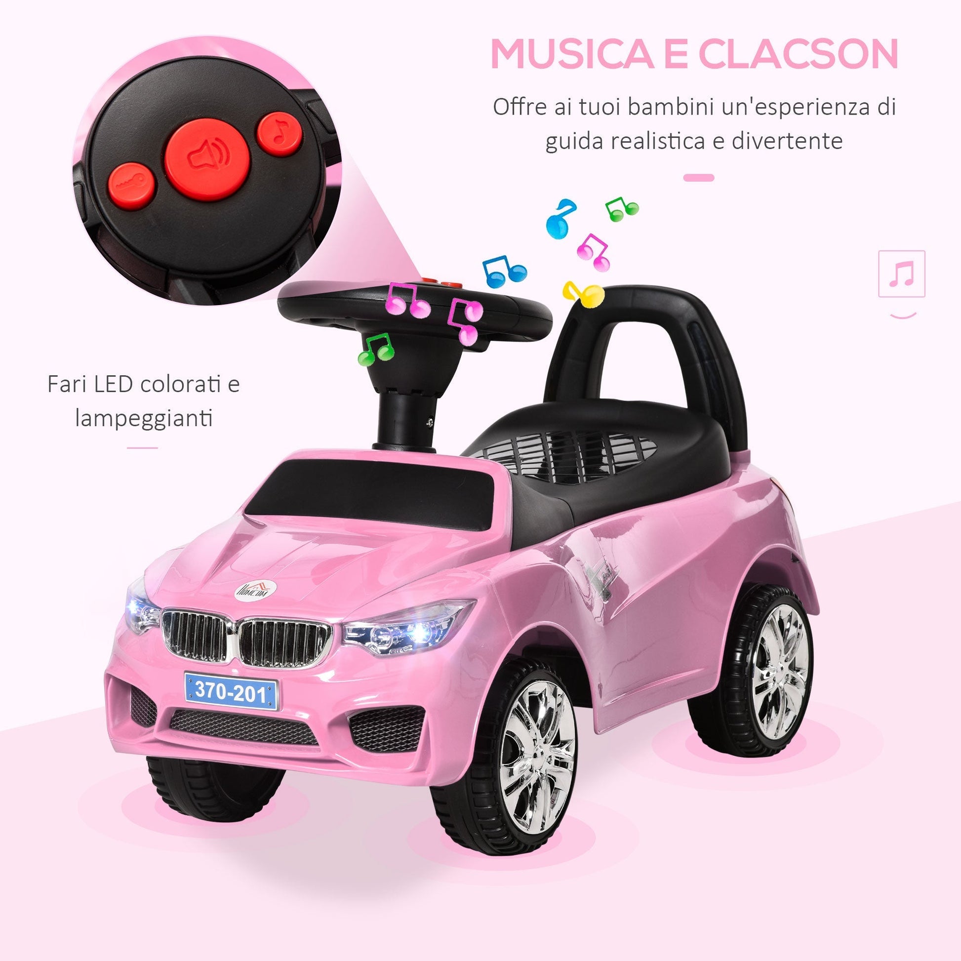 Machine for children rideable headlights and integrated music, 18-36 months - Rosa - Borgè