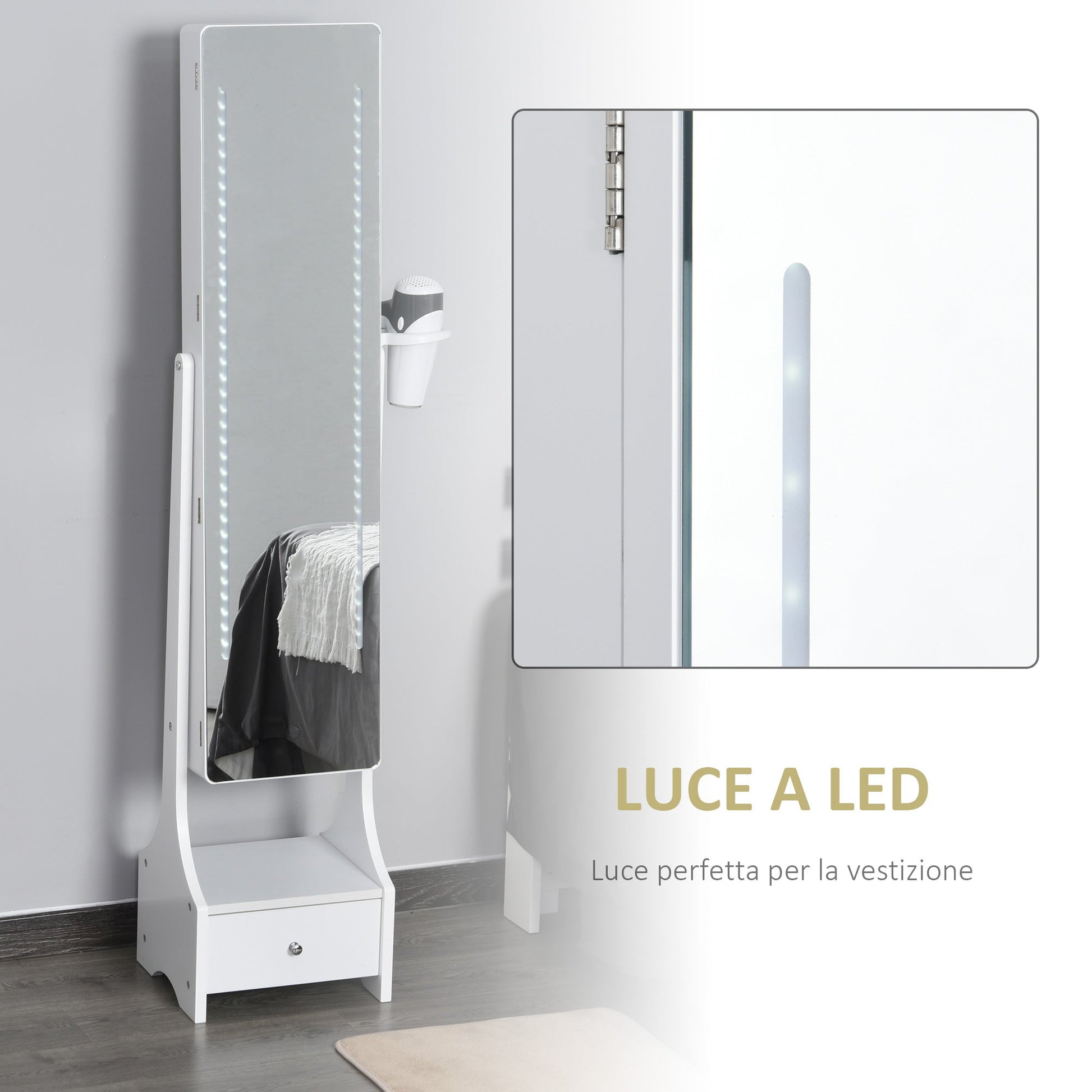 Portagioie wardrobe with mirror and adjustable LED lights with touch switch - Borgè